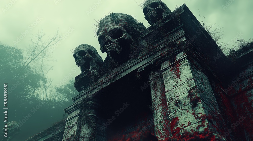 Fototapeta premium Eerie Skull Monument in Foggy Forest Setting