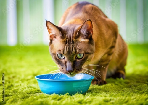 Cautious brown cat delicately laps at the shallow blue water, its whiskers twitching as it drinks on the photo