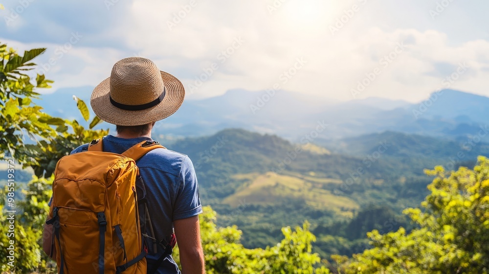 A hiker wearing a sun hat and sunglasses, looking out over a scenic vista with a bright sky above. A hiker wearing a sun hat and sunglasses, looking out over a scenic vista with a bright sky above.