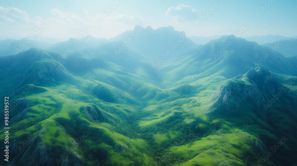 A mountain range with a green valley in between. The mountains are covered in trees and the valley is lush and green. The sky is clear and the sun is shining, creating a peaceful and serene atmosphere A mountain range with a green valley in between. The mountains are covered in trees and the valley is lush and green. The sky is clear and the sun is shining, creating a peaceful and serene atmosphere