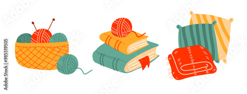 Knitting set. Yarn and threads, skein of wool, knitting needles, yarn basket, textbooks, a knitted blanket and pillows. Needlework, tools for sewing and knitting collection.