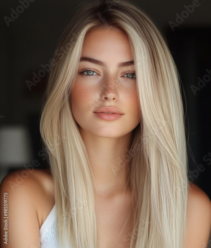 Blond woman smiling, straight hair with a middle parting, long hair, hairstyle, blond balayage color, hair salon background