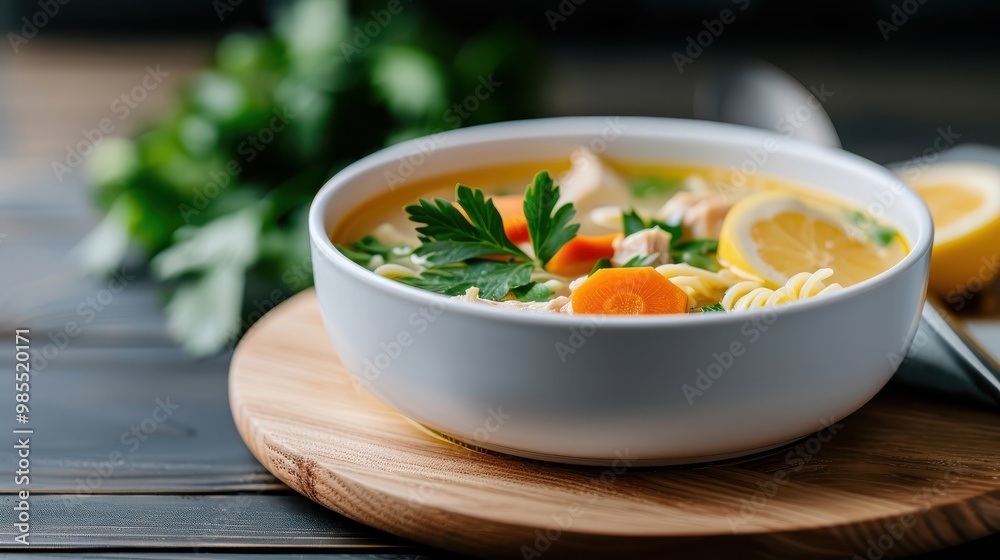 A gourmet presentation of chicken noodle soup in a white porcelain bowl, garnished with fresh parsley and a slice of lemon. A gourmet presentation of chicken noodle soup in a white porcelain bowl, garnished with fresh parsley and a slice of lemon.