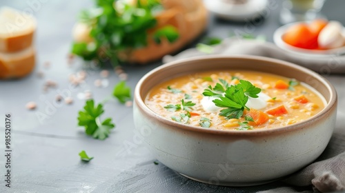 A rustic ceramic bowl filled with thick, hearty split pea soup.