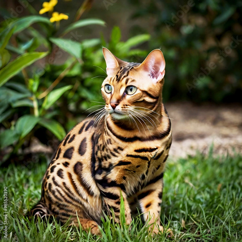 The Bengal cat is in the garden