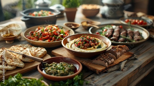 A Middle Eastern feast showcasing a variety of dishes, including Ajad. photo