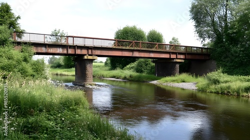 A serene river landscape featuring a rustic bridge surrounded by lush greenery and calm waters under a clear sky.