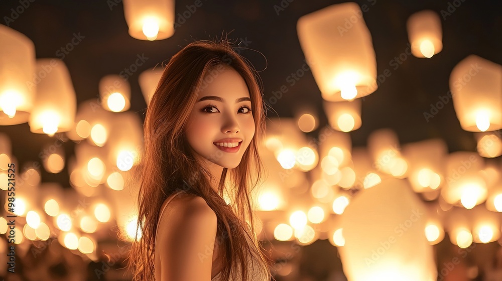 Portrait of a beautiful woman with Lanterns floating into the night sky during the Yi Peng festival in Thailand, with the warm glow of thousands of lights illuminating the serene evening Portrait of a beautiful woman with Lanterns floating into the night sky during the Yi Peng festival in Thailand, with the warm glow of thousands of lights illuminating the serene evening