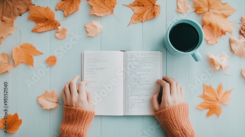 A novelist working on their latest manuscript, with notebooks filled with scribbled notes and ideas. photo