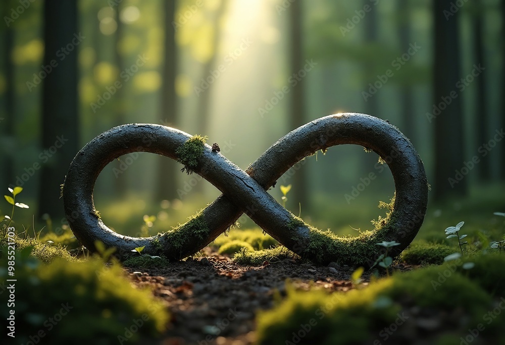 A sleek, metallic infinity symbol on a forest landscape A sleek, metallic infinity symbol on a forest landscape