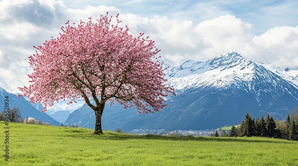 Solitary pink cherry blossom tree on green grass with snow-capped mountains in the background, ideal for tranquil rural beauty with copy space. Solitary pink cherry blossom tree on green grass with snow-capped mountains in the background, ideal for tranquil rural beauty with copy space.
