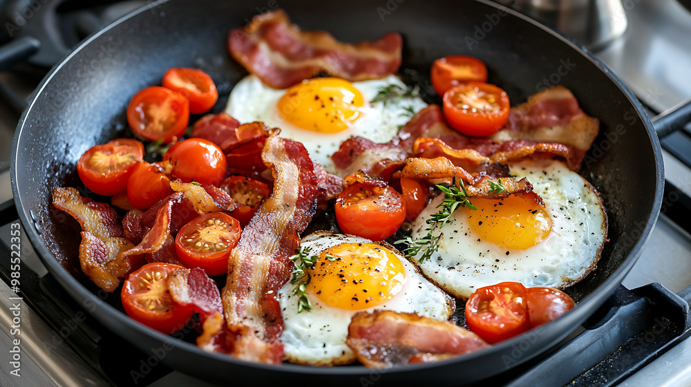 Morning breakfast in a pan, eggs, tomatoes, and bacon over a stove. Morning breakfast in a pan, eggs, tomatoes, and bacon over a stove.