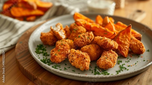 Crispy Chicken Nuggets with Sweet Potato Fries on a Plate