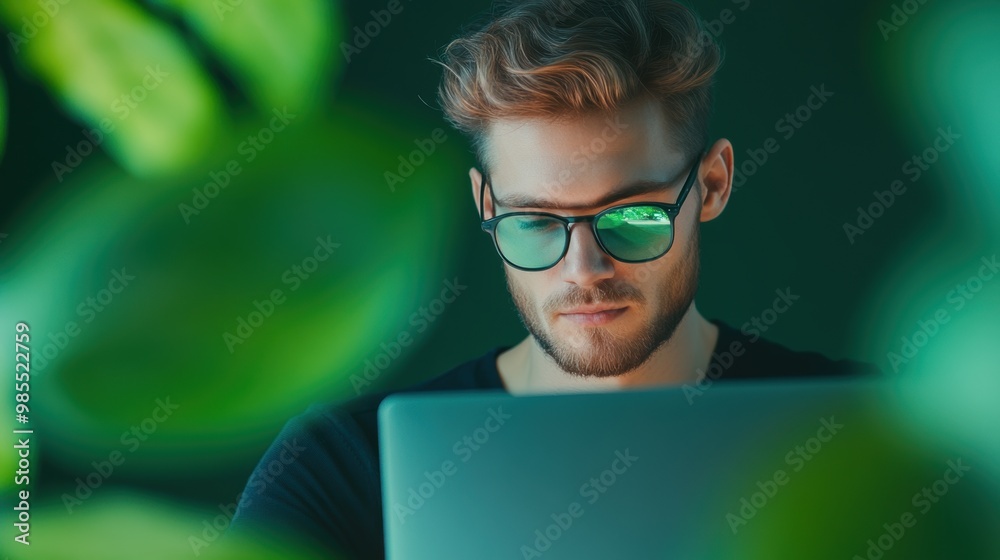 Young entrepreneur working diligently on a laptop in a modern office, surrounded by inspirational quotes. Young entrepreneur working diligently on a laptop in a modern office, surrounded by inspirational quotes.