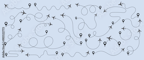 Black dotted line path with red location pin pointers. Travel path set. Line path collection. Way and location pointers. vector illustration