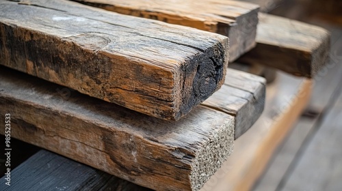 Stack of reclaimed timber beams with marks of time and use, showcasing rustic charm and sustainable materials. photo