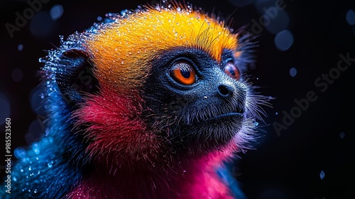Colorful Monkey in Rain with Vibrant Fur Details photo