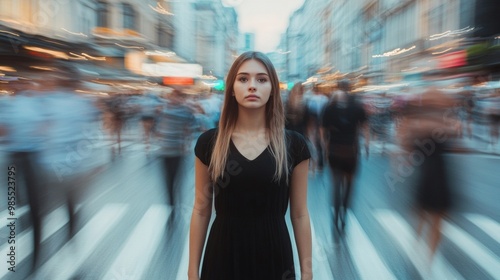 Young Woman in Black Dress Posing at Busy City Intersection. Timelapse Portrait