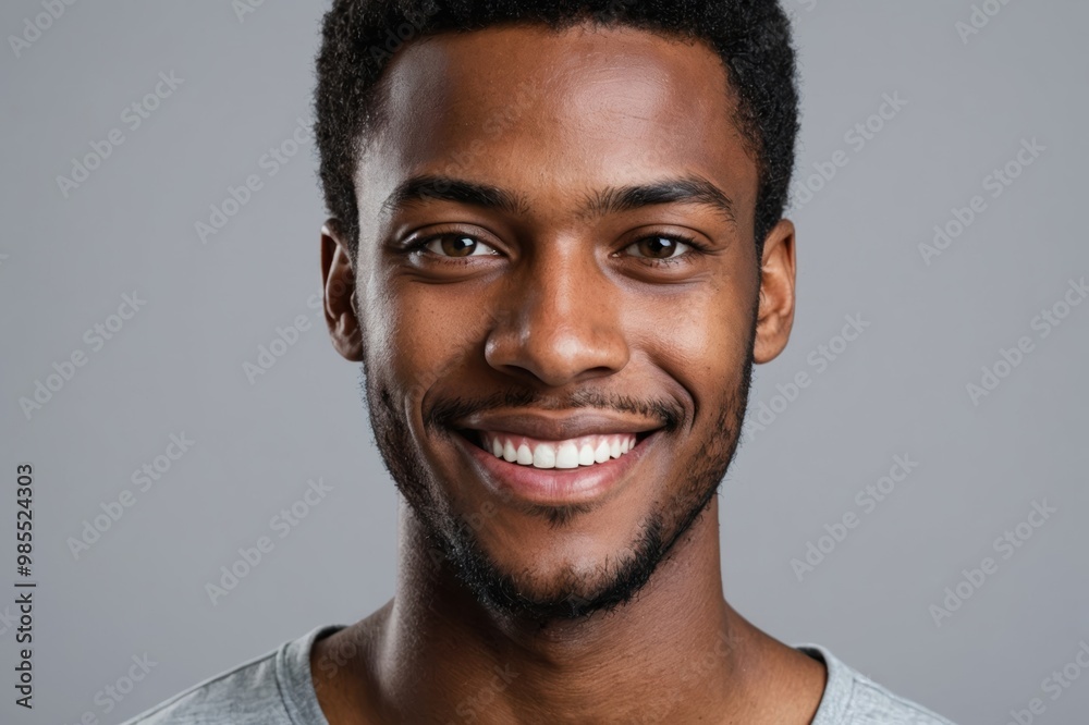 Obraz premium Full framed very close face portrait of a smiling young african american man with gray eyes looking at the camera, studio shot,gray background.