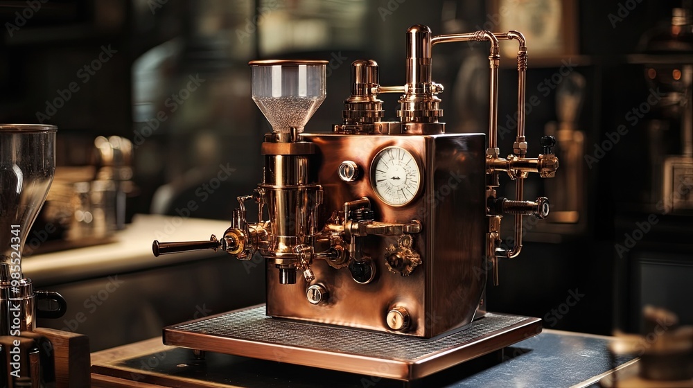 Steampunk coffee machine design, creating a unique and eye-catching aesthetic. Steampunk coffee machine design, creating a unique and eye-catching aesthetic.