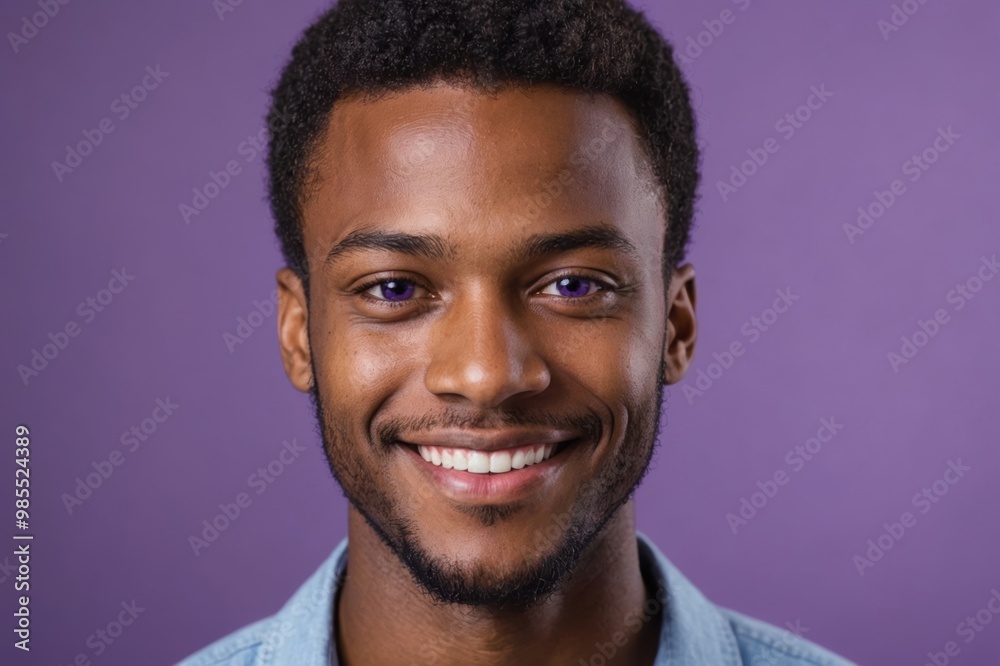 Obraz premium Full framed very close face portrait of a smiling young african american man with violet eyes looking at the camera, studio shot,violet background.