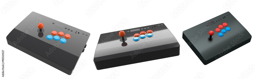 A set of three colorful arcade joysticks, catering to retro gaming enthusiasts isolated on white background with clipping path A set of three colorful arcade joysticks, catering to retro gaming enthusiasts isolated on white background with clipping path