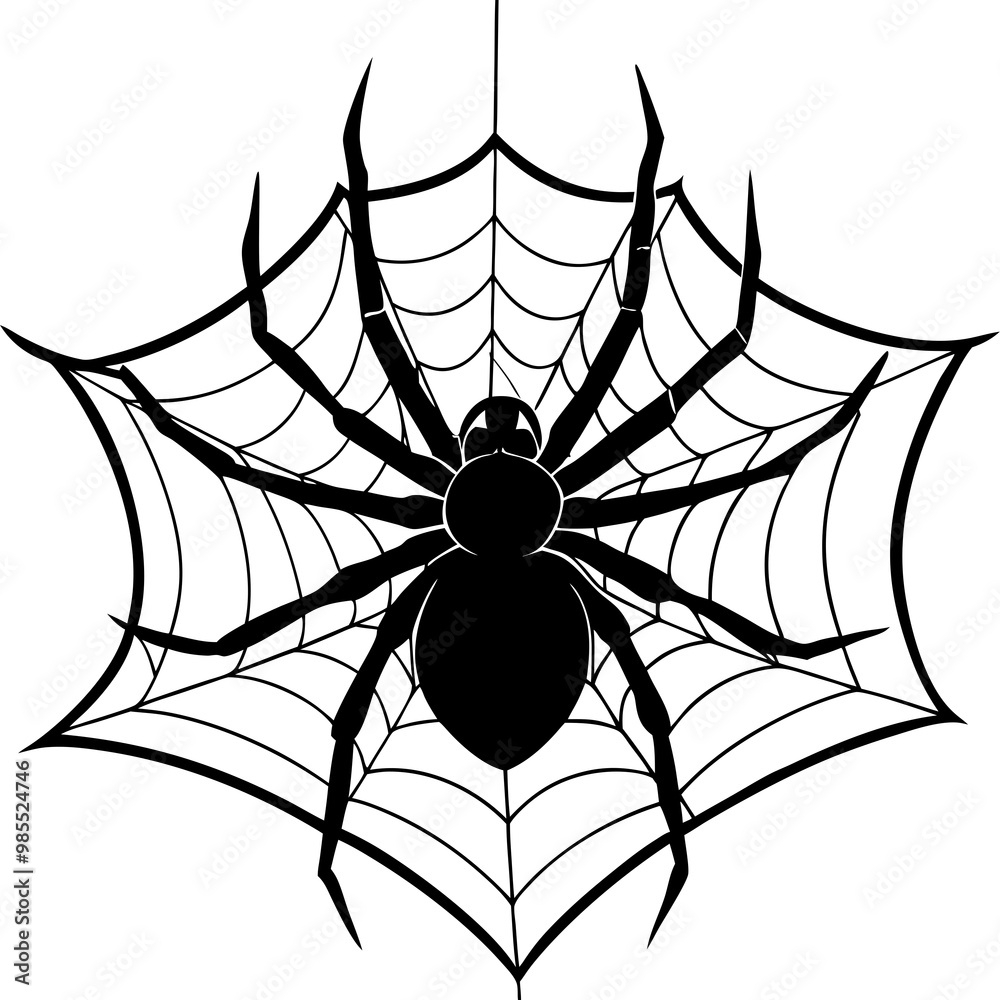 Fototapeta premium Hanging Spider Silhouette with Intricate Web Vector Art