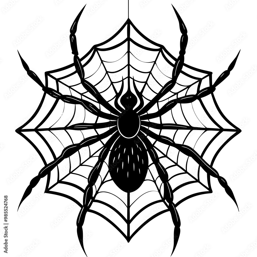 Fototapeta premium Hanging Spider Silhouette with Intricate Web Vector Art