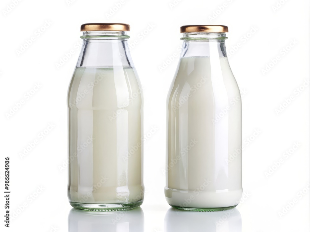 Clear glass milk bottle with lid placed on a white background, capturing the simplicity and elegance of a Clear glass milk bottle with lid placed on a white background, capturing the simplicity and elegance of a