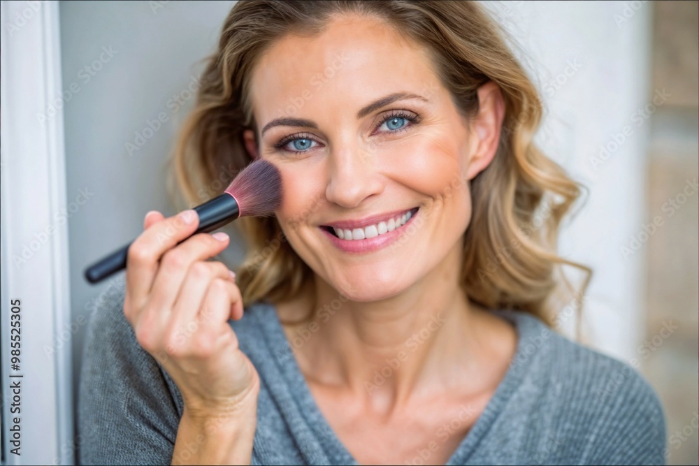Woman Applying Make-Up to Her Face, Close-Up, Focused Expression in Bright Indoor Setting Woman Applying Make-Up to Her Face, Close-Up, Focused Expression in Bright Indoor Setting
