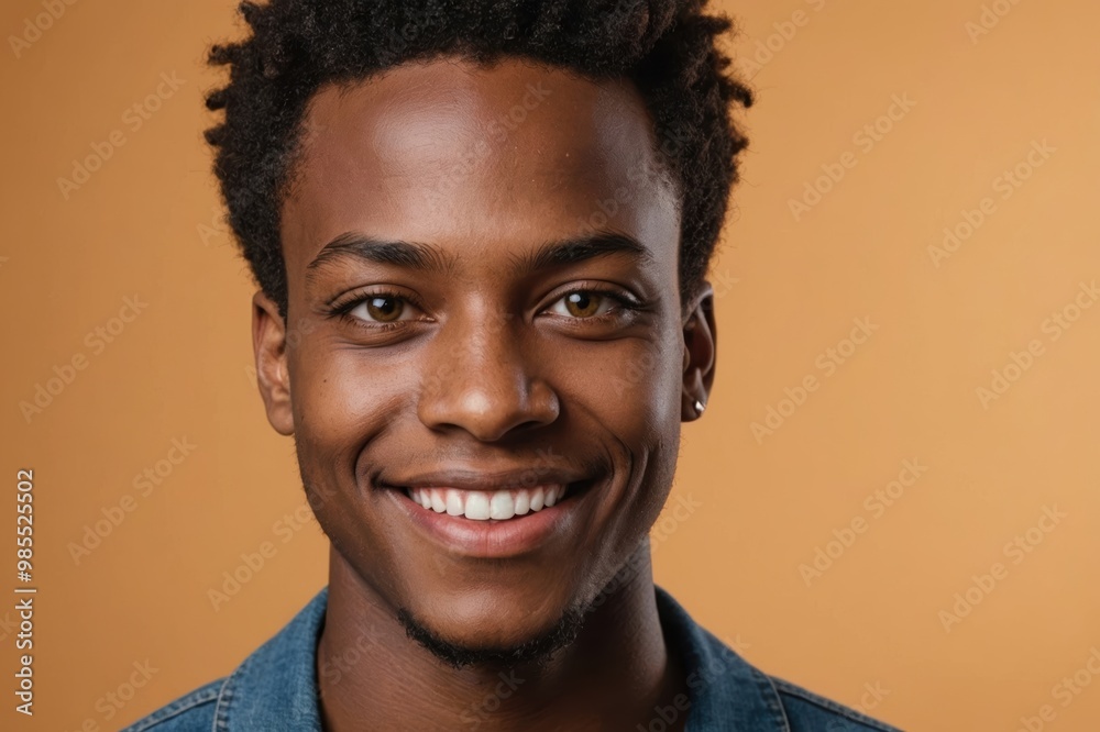Obraz premium Full framed very close face portrait of a smiling young african american non binary with amber eyes looking at the camera, studio shot,amber background.