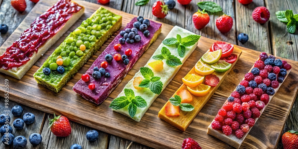 Vibrant frozen health bars displayed on a rustic wooden board, highlighting a mosaic of flavors and textures, Vibrant frozen health bars displayed on a rustic wooden board, highlighting a mosaic of flavors and textures,