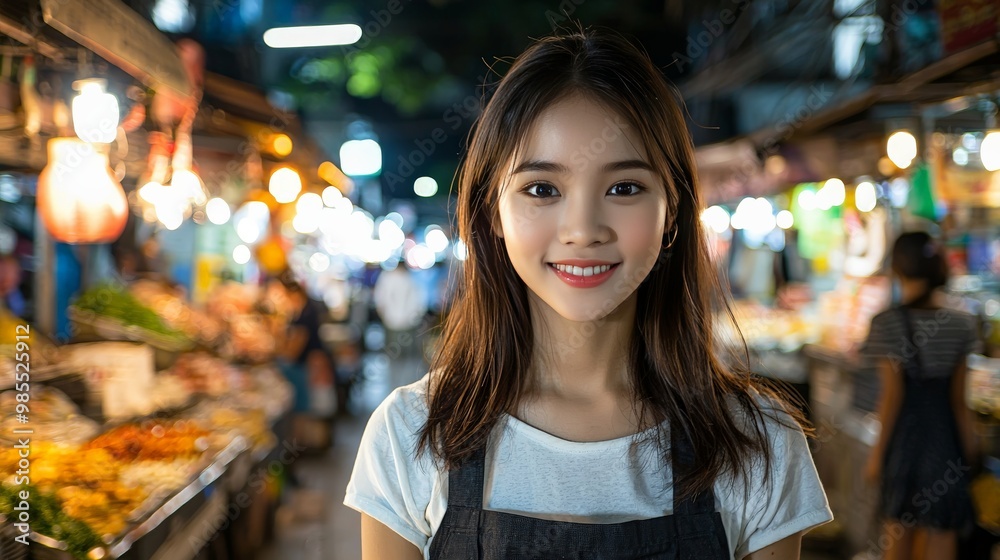 Portrait woman in the bustling Chatuchak Market in Bangkok, with endless rows of stalls selling everything from antiques to street food Portrait woman in the bustling Chatuchak Market in Bangkok, with endless rows of stalls selling everything from antiques to street food