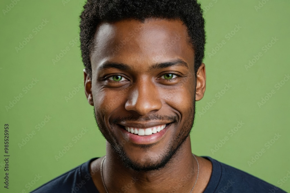 Obraz premium Full framed very close face portrait of a smiling young black man with green eyes looking at the camera, studio shot,green background.