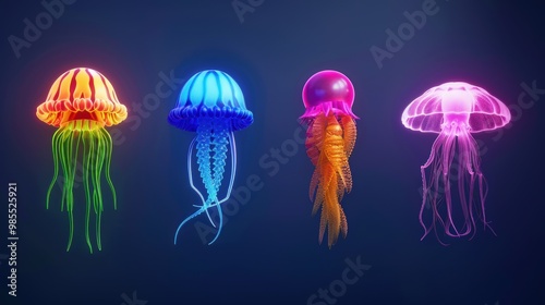 A series of neon-lit portraits of various sea creatures, highlighting their unique features and vibrant colors.