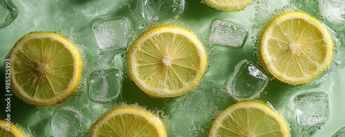 Refreshing background of vibrant lemon slices with ice cubes on a green surface creating a cool and invigorating atmosphere photo