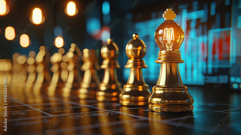 The golden chess pieces have light bulb heads that do not glow The golden chess pieces have light bulb heads that do not glow