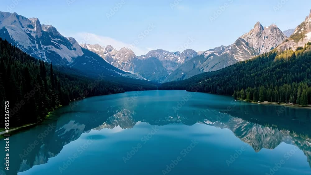 Crystal clear lake surrounded by snow-capped mountains under a bright blue sky, reflecting the serene natural landscape. Crystal clear lake surrounded by snow-capped mountains under a bright blue sky, reflecting the serene natural landscape.