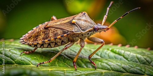 Close-up macro photograph of a brown marmorated stink bug on a leaf in its natural environment photo