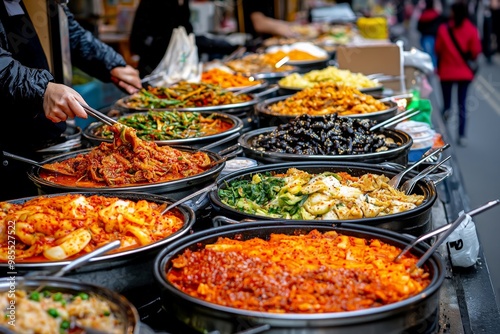 Seoul's Gwangjang Market, with vendors selling a variety of traditional Korean dishes like kimchi and bindaetteok photo