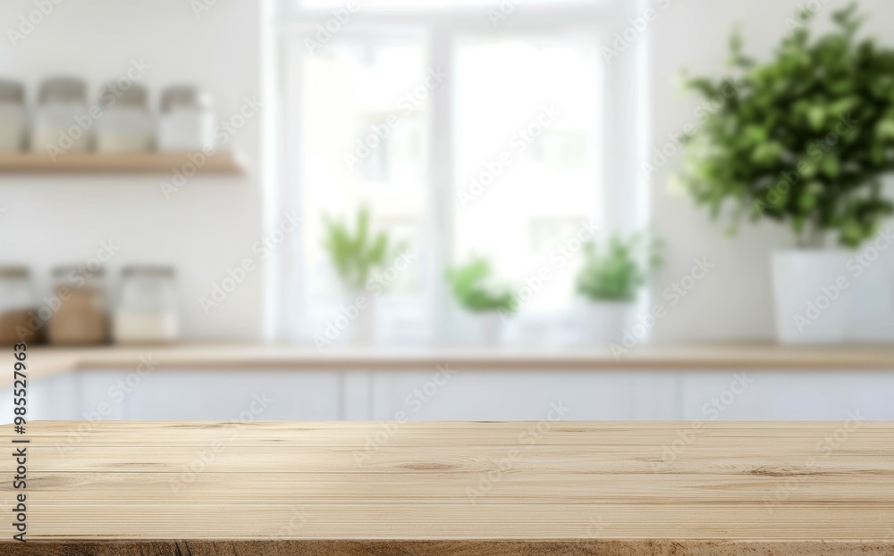 Kitchen table background with wood countertop in bokeh-styled, white, abstract interior of a clean, abstract home. utilized for montage or exhibition of your wooden dining table Kitchen table background with wood countertop in bokeh-styled, white, abstract interior of a clean, abstract home. utilized for montage or exhibition of your wooden dining table