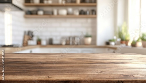 Kitchen table background with wood countertop in bokeh-styled, white, abstract interior of a clean, abstract home. utilized for montage or exhibition of your wooden dining table