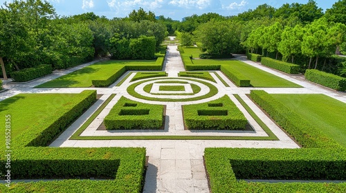 Serene Garden Landscape with Symmetrical Hedge Design