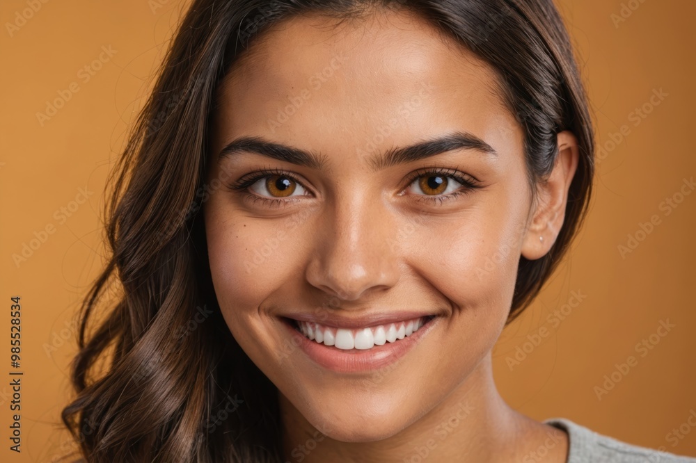 Full framed very close face portrait of a smiling young latin woman with amber eyes looking at the camera, studio shot,amber background. Full framed very close face portrait of a smiling young latin woman with amber eyes looking at the camera, studio shot,amber background.