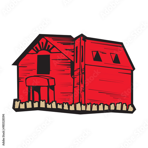 Farm barn cowshed building exterior with tractor and windmill flat vector