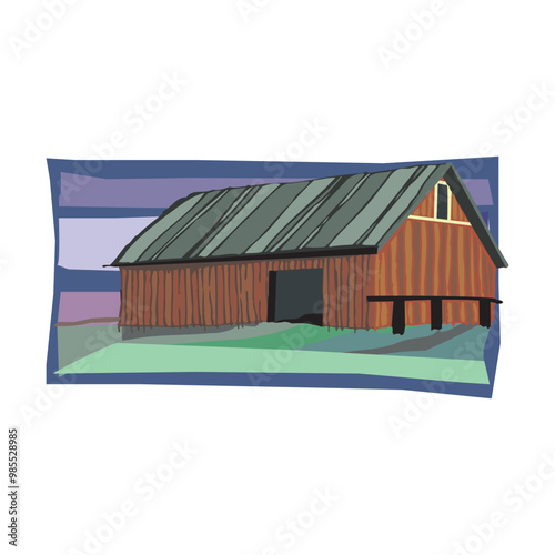 Farm barn cowshed building exterior with tractor and windmill flat vector
