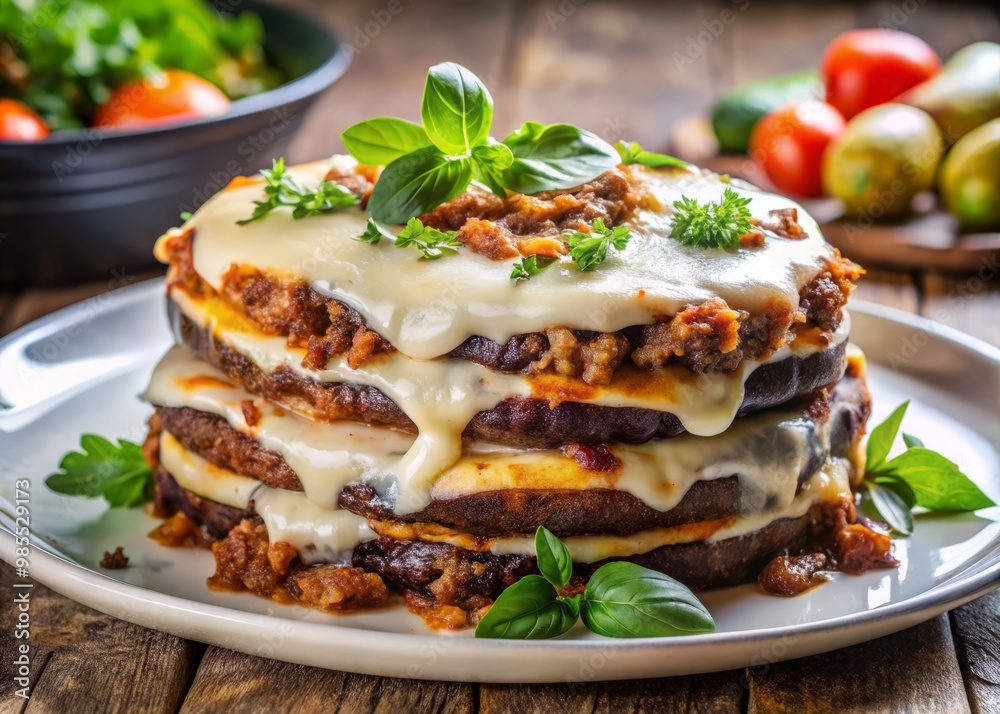 Close-up of a mouthwatering plate of layered eggplant, ground meat, and béchamel sauce Close-up of a mouthwatering plate of layered eggplant, ground meat, and béchamel sauce