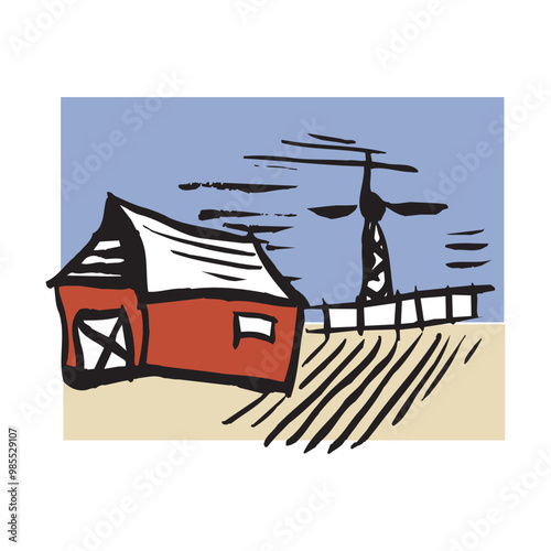 Farm barn cowshed building exterior with tractor and windmill flat vector