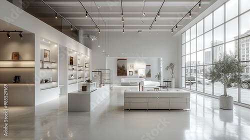 White industrial-minimalist themed studio is characterized by its interior decoration that fuses the rawness of industrial elements with the purity of minimalist design. Generative AI.