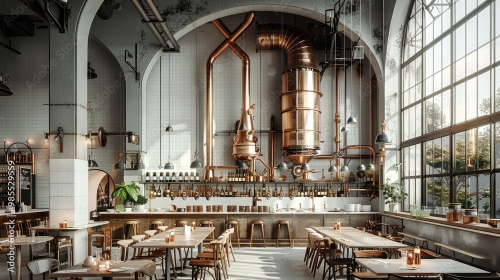 Modern large restaurant, white gloss metro tiles walls, large central copper boiler with pipes, ceiling with copper pipes, wood tables and chairs, concrete floor, modern pendant lamps. Generative AI. Modern large restaurant, white gloss metro tiles walls, large central copper boiler with pipes, ceiling with copper pipes, wood tables and chairs, concrete floor, modern pendant lamps. Generative AI.